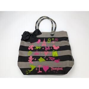 Disney Parks Tote Bag Canvas "I Love Disneyland" Black Gray Stripe Bow